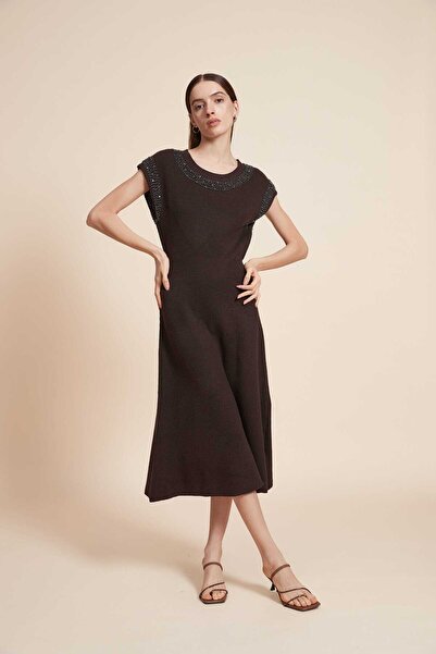 Yola Solid Maxi Dress with Short Sleeves and Rhinestone Detail