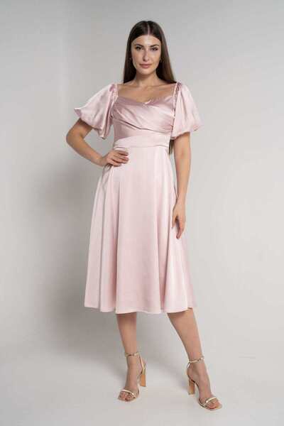 mica Shiny Midi Dress with Puff Short Sleeves
