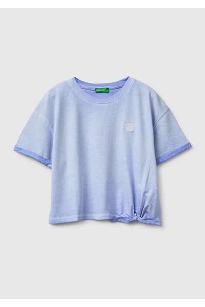 United Colors of Benetton Girl's blue hem knot printed boxy fit short sleeve ...