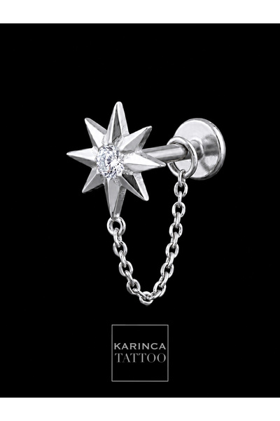 Karınca Piercing Yıldız Zincir Uzatmalı Zirkon Taşlı Kombin Piercing Tragus C...