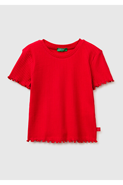 United Colors of Benetton تي شيرت بناتي بأكمام قصيرة وياقة دائرية وحافة حمراء...