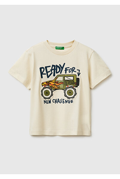 United Colors of Benetton Boy's Cream Printed Logo Label Crew Neck Short Slee...
