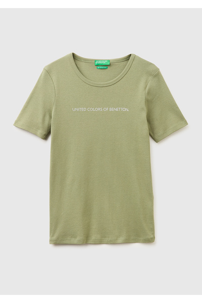 United Colors of Benetton Γυναικείο μπλουζάκι χακί 100% βαμβακερό με τυπωμένο...