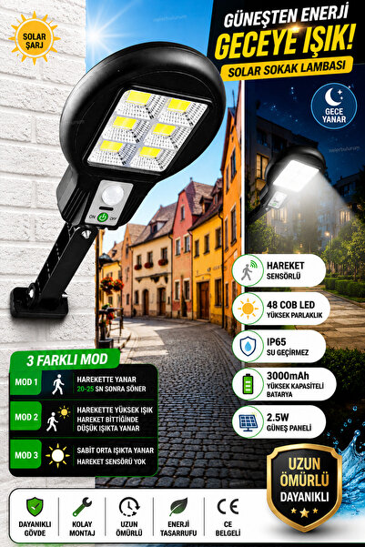 nelerbulurum GÜNEŞ ENERJİLİ SENSÖRLÜ 3 MODLU 48 COB LEDLİ 5.5V 2.5W BAĞ BAHÇE...
