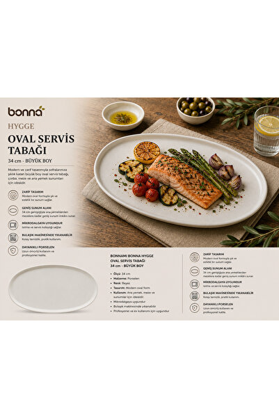 Bonnami Bonna Hygge Oval Servis Tabağı 34 cm - Büyük Boy Şık Porselen Kayık T...