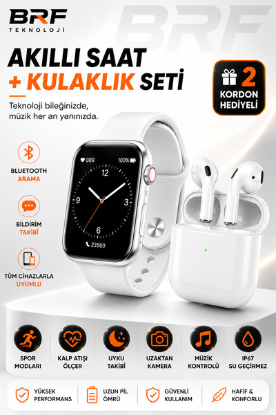 BRF TEKNOLOJİ Akıllı Saat ve Bluetooth Kulaklık Seti Arama Özellikli Sosyal M...