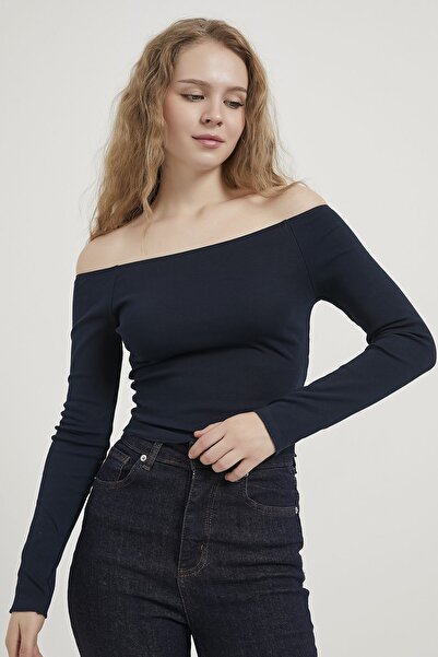 Arma Life Women's Boat Neck Basic Long Sleeve Navy Blue Crop Bodysuit