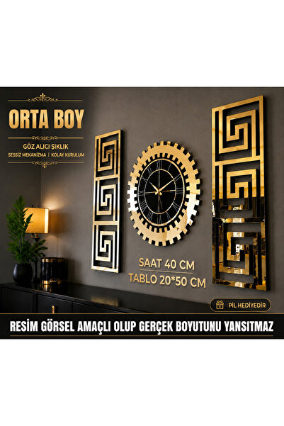 EYKA STORE Dekoratif 3 Lü Set Pleksi Gold Aynalı 3d Kabartmalı Duvar Saati Ve...