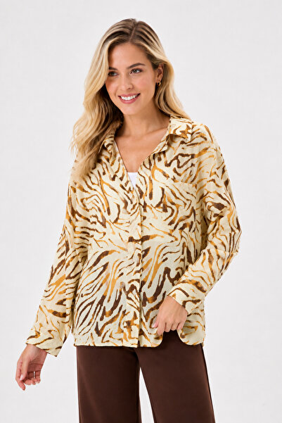 İLKCET MODA Patterned Oversize Satin Women's Shirt with Pockets