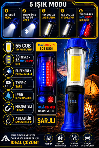 nelerbulurum ŞARJLI 5 MODLU 30 BEYAZ + 20 MAVİ-KIRMIZI SMD LED  VE YAN TARAFI...