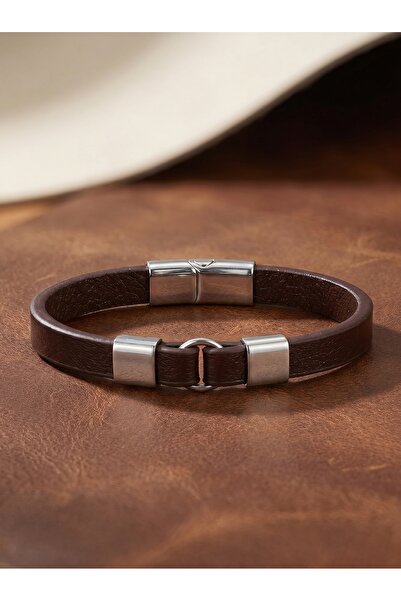 Parmas Design Leather Cord White Steel Detailed Men's Gift Bracelet 01848
