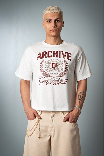 Crupt Studio Ανδρικό T-shirt The Archive Lion Beyaz Boxy Crop