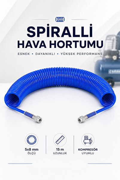 Badem10 Spiralli Hava Hortumu 5x8 mm 15 Metre Kompresör Uyumlu Basınçlı Sanay...