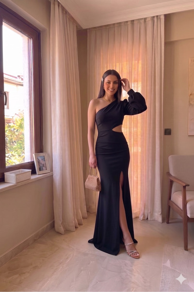 ALFUDO Moda Collection Večernja haljina sa jednim rukavom, crna večernja haljina
