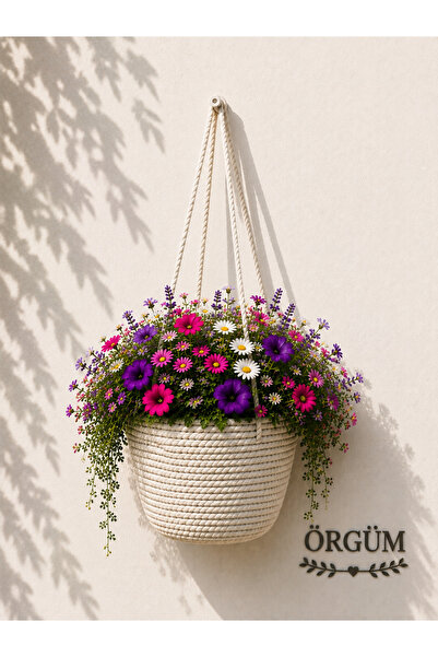 ÖRGÜM Çiçeklik Dekoratif Saksı Sepeti 20X15 Cm Çok Amaçlı Sepet ( AHŞAP ASMA ...