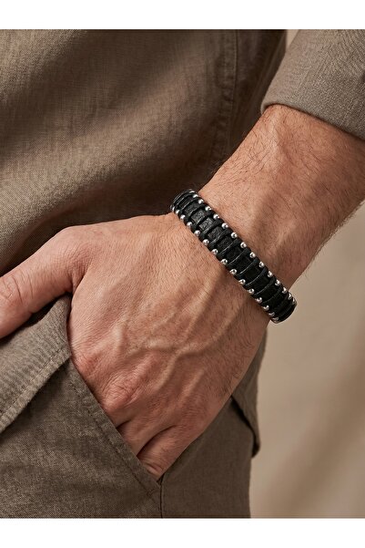 Parmas Design Steel Drop Leather Plate Wrapped Men's Premium Gift Bracelet 01843
