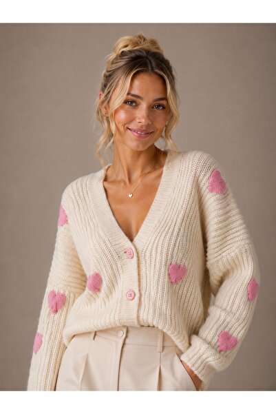 OYERGA MODA Women's Heart Patterned Oversized Cardigan