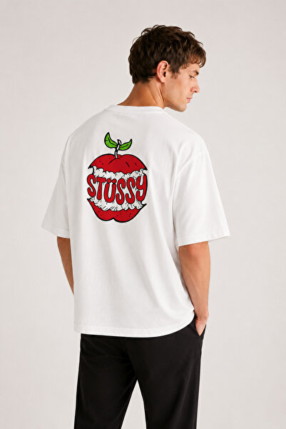 THE RULE Unisex Stüssy Apple Printed Oversize 100% Cotton Wide Cut Textured C...