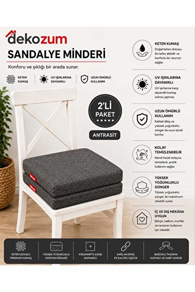 DEKOZUM COMFORT PLUS Sandalye Koltuk Minderi 40x40 Bağcıklı Fermuarlı Yıkanab...