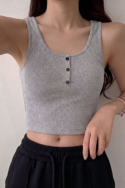 Mood Lab Thick Strap U Neck Button Detailed Crop Top Tank Top