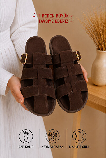 star shoes Coffee suede belt detailed gold buckle flat sole summer comfortabl...