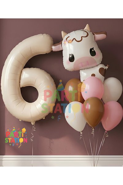 Parti Station Safari Concept Cute Cow and Cream Color Number Balloon 1 Year O...
