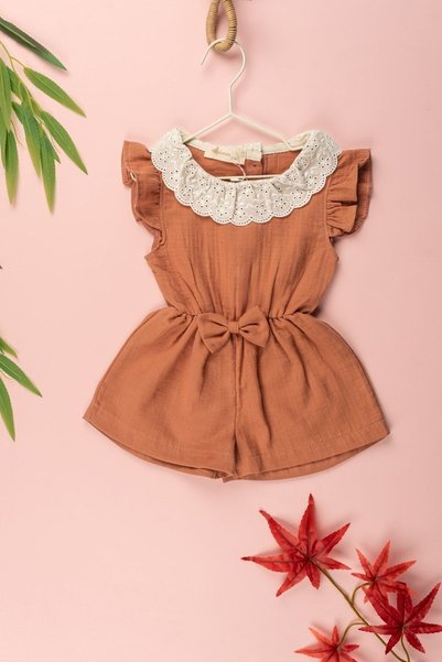 Novy Baby Muslin Fabric Lace Collar Ruffle Sleeve Bowknot Girls' Jumpsuit