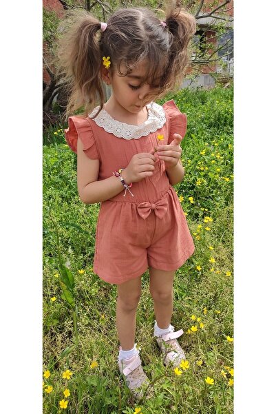 Novy Baby Müslin Kumaş Dantel Yaka Fırfır Kol Fiyonklu Kız Çocuk Tulum