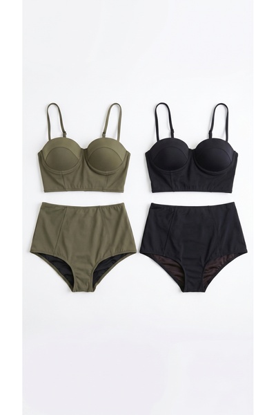 Zi 2 Renk 1 Paket Haki -Siyah 2 Takım Yüksek Bel Bikini Takımı