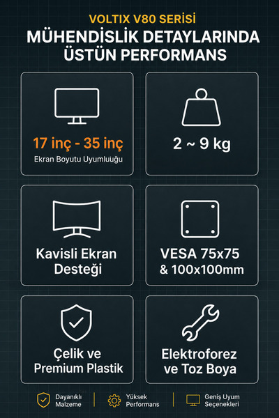 voltix V80 Ergonomik Amortisörlü 17 - 35 inch Monitör Kolu 2 - 9 Kg Monitör Standı 2026 Versiyon