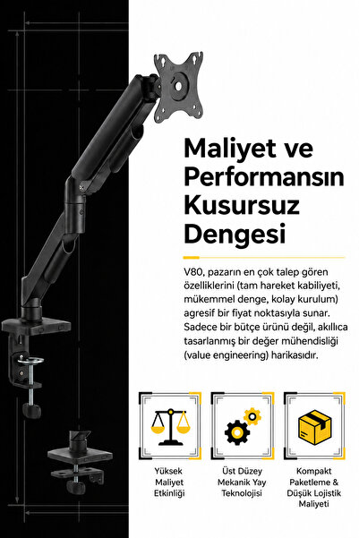 voltix V80 Ergonomik Amortisörlü 17 - 35 inch Monitör Kolu 2 - 9 Kg Monitör Standı 2026 Versiyon