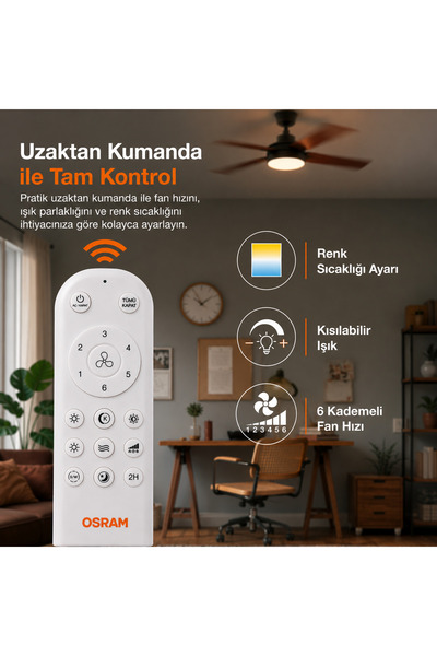 Osram Ceiling Blade Fan 18W 3 Kanatlı Siyah Kumandalı Tavan Vantilatörü