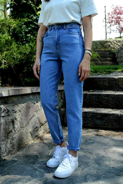 TOFİSA Plain Medium Women's Dark Blue Slim Fit Mom Jeans - 13360