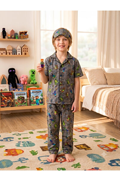 Novella18 Erkek Çocuk MinecraftDesenli Düğmeli Göz Bantlı Pijama Takımı