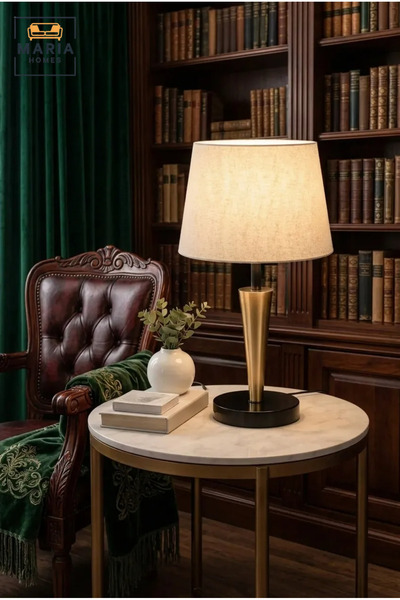 MARIA HOMES Modern Table Lamp Bedside Lighting with Fabric Shade and Gold Met...