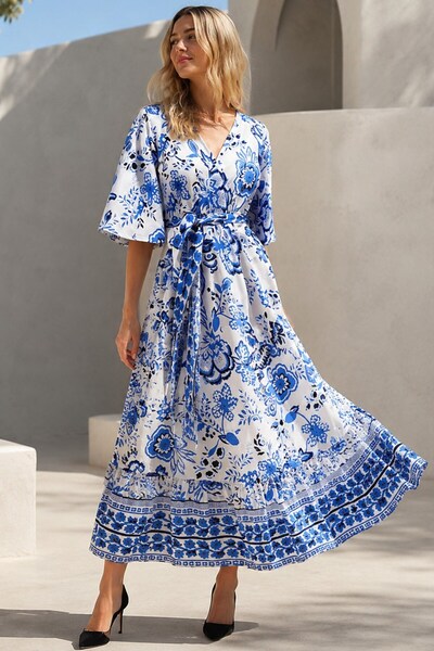 Madmext Blue Double Breasted Collar Patterned Women's Dress Mg2474