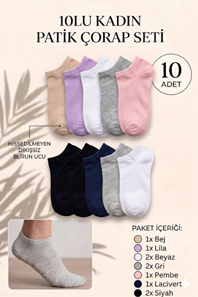 vtex socks 10 Çift Kadın Pamuklu Patik Çorap Karışık Renkli
