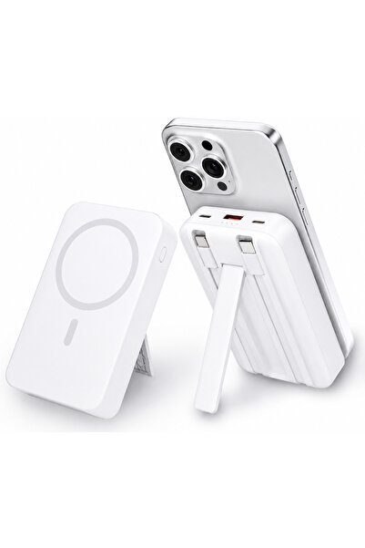 qasul 10000 mAh Manyetik Powerbank Kablosuz + Lightning & Type-C Kablolu Stan...