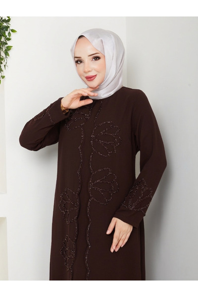 ESLEMNUR LOTUS ÇİÇEK TAŞLI BÜYÜK BEDEN ANNE ELBİSESİ