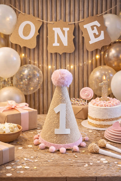 asöy 1 Yaş Şapka Jüt Kumaş Pembe PonPonlu Şapka Doğum Günü Şapkası One Ponpon...