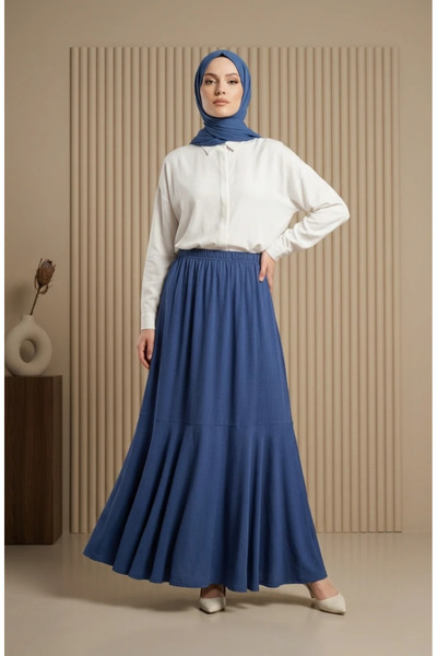 sefamerve Bürümcük Fabric Elastic Waist Gathered Skirt 0561-06 Navy Blue