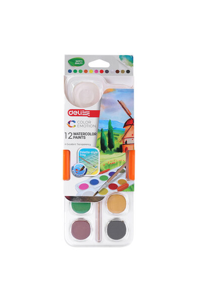 Deli Acuarele 12 culori 28 mm cu pensulă