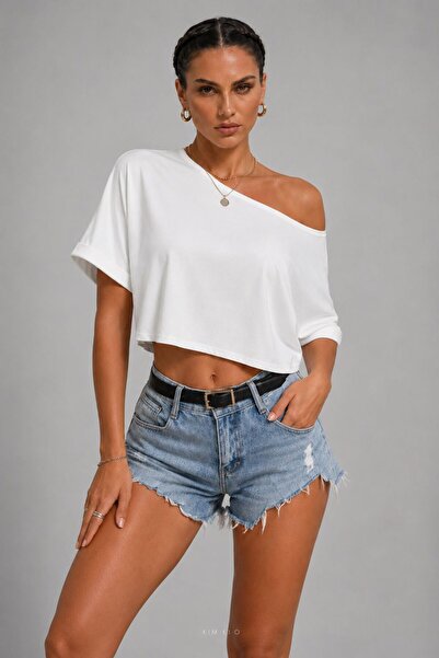 KİM Kİ O KADIN KAYIK YAKA CROP TOP TEK OMUZ CROP ASİMETRİK CROP