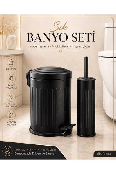 Foreca Vintage 2 li Çöp Kovası Banyo Seti Çizgili Siyah