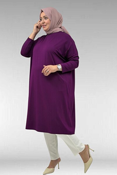 Eslina 28092 Plus Size Low Sleeve Combed Cotton Tunic - Plum