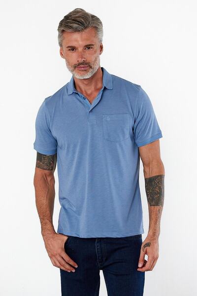 ENQUE Men's Basic Polo Neck Short Sleeve Pocket Solid Blue T-Shirt