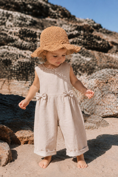 Pmini Fiyonk Detaylı Kolsuz Keten Çocuk Tulum