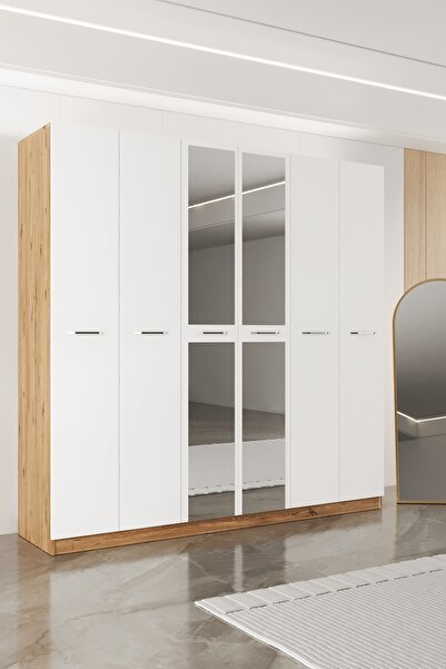 AEKA AE-2191 Hisar Atlantik Çam/Beyaz Aynalı 6 Kapaklı Çok Bölmeli Askılı ve ...