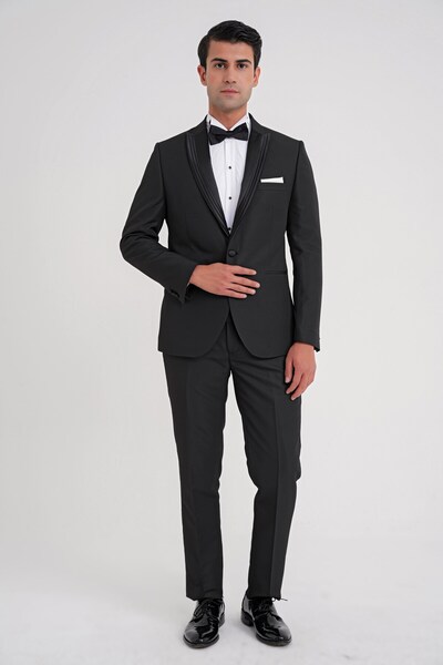 Efor Slim Fit Çift Yıtmaç Fleto Cep Çıkarılabilir Saten Yaka Siyah Damatlık S...