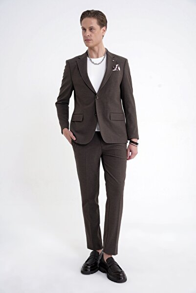 Efor Slim Fit Çift Yırtmaç Gofre Kumaş Esnek Kahverengi Spor Takım Elbise TK 940